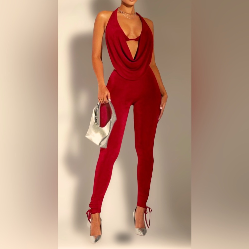 Red Hang Top Backless Pant Set, X-Small